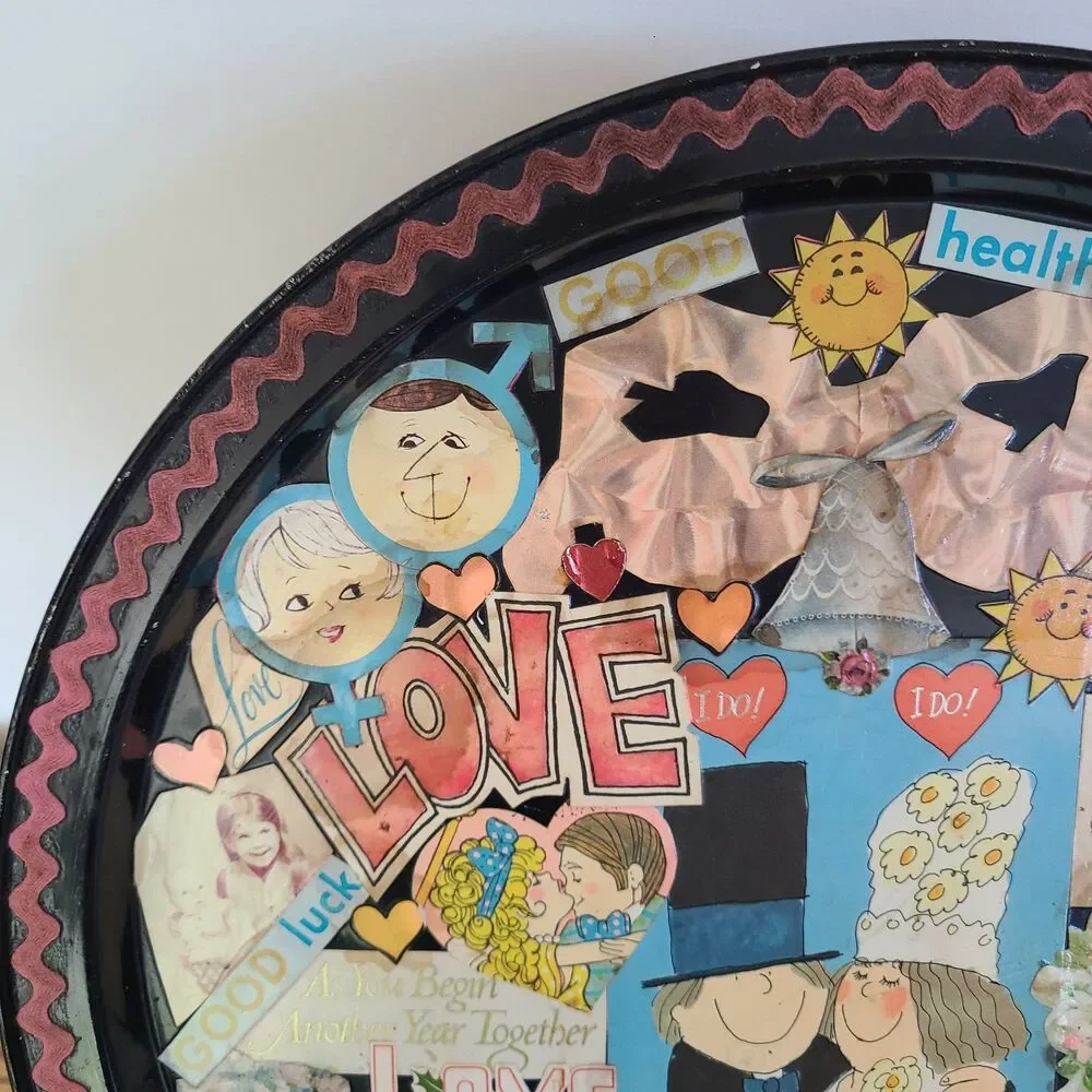 Vintage Decoupage Tray Paper Art Collage Celebrating Wedding Anniversary Love